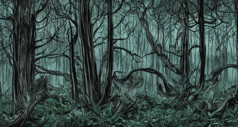 Image similar to A dense and dark enchanted forest with a swamp, from Cryptid Academia