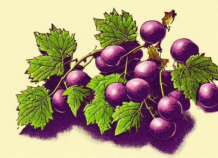 Prompt: linocut art print, grapes by greg rutkowski and thomas kinkade, vector graphic