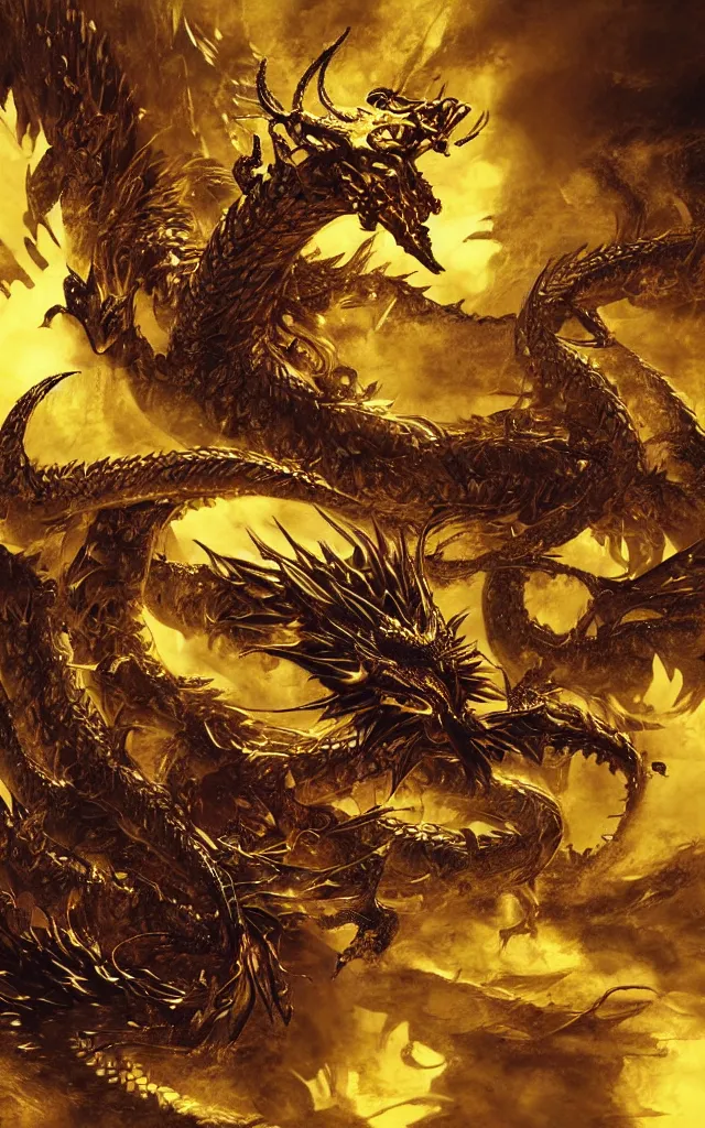 Image similar to golden dragon, epic, legendary, cinematic composition, stunning atmosphere by yoshitaka amano