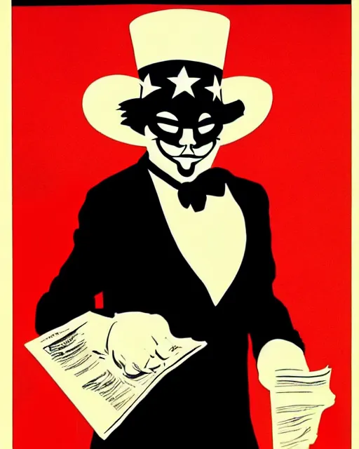 Prompt: anonymous as uncle sam in the style of australian communist propaganda poster art in the year 1 9 8 7, ultra realistic concept art intricate detail