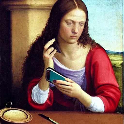 Image similar to Renaissance painting of a grumpy teenager using her Nokia 3310