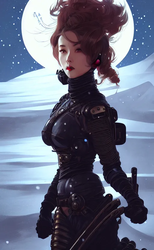 Image similar to portrait ninja gaiden girl, armored dieselpunk wardrobe, at snowy fuji mountain moonlight, ssci - fi and fantasy, intricate and beautiful and elegant, digital painting, artstation, concept art, smooth and sharp focus, illustration, art by tian zi and wlop and alphonse mucha