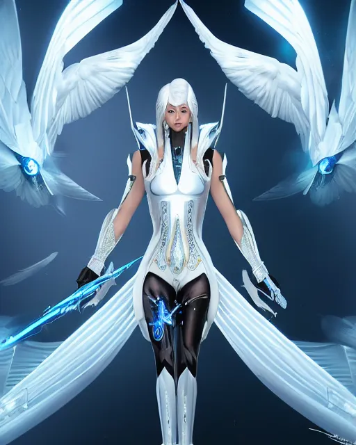 Image similar to perfect white haired attractive egyptian goddess with huge white dove wings, warframe armor, beautiful, symmetric, charlize theron, half asian, pretty face, blue eyes, cyborg, scifi platform, laboratory, experiment, 4 k, ultra realistic, epic lighting, android body, illuminated, cinematic, masterpiece, art by akihito tsukushi, voidstar