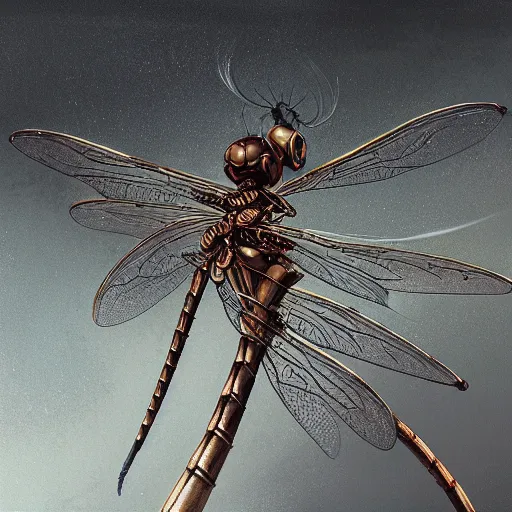 Image similar to close up of a mechanical dragonfly, fantasy, intricate, elegant, highly detailed, digital painting, artstation, concept art, smooth, sharp focus, illustration, by wlop and greg rutkowski