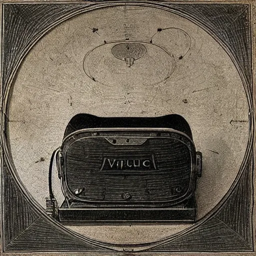 Image similar to Vintage, detailed, sketch of Oculus Rift, with full descriptions, on parchment, as depicted in Leonardo da Vinci's Codex Atlanticus