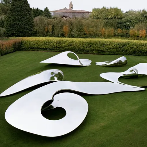 Image similar to giant Italian modern castle formal garden with a series of modern stainless steel organic shaped modern sculptures with mirror finish by Tony Cragg, photo by Annie Leibovitz