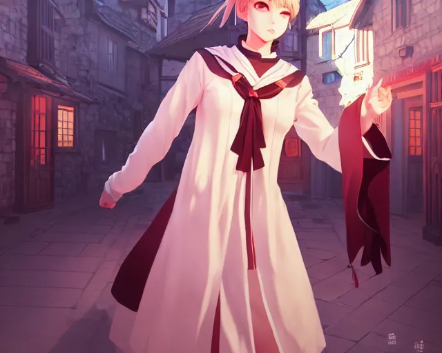 Image similar to ilya kuvshinov key anime visual portrait of a young female in robe walking through a busy medieval village, dynamic pose, dynamic perspective, cinematic, dramatic lighting, detailed silhouette, anime proportions