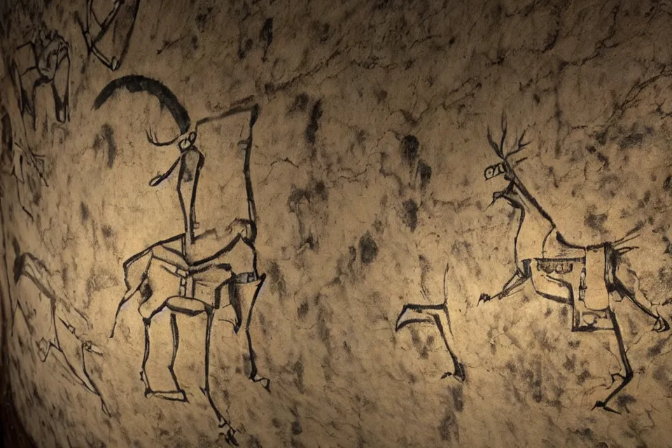 Prompt: a cave painting of a deer and a 1 9 5 0 s sci - fi robot mecha. lascaux cave paintings, chauvet