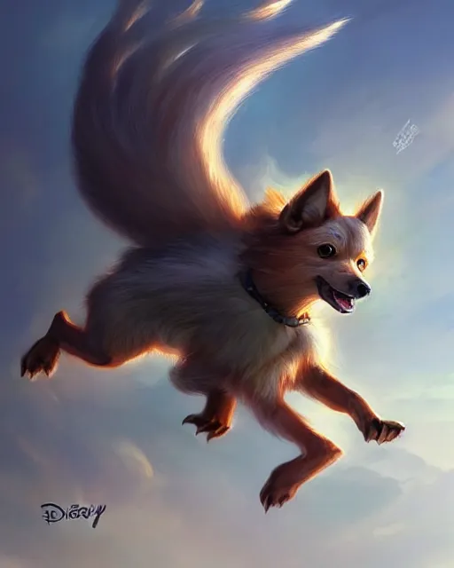 Prompt: a cute magical flying dog, fantasy art drawn by disney concept artists, golden colour, high quality, highly detailed, elegant, sharp focus, concept art, character concepts, digital painting, mystery, adventure