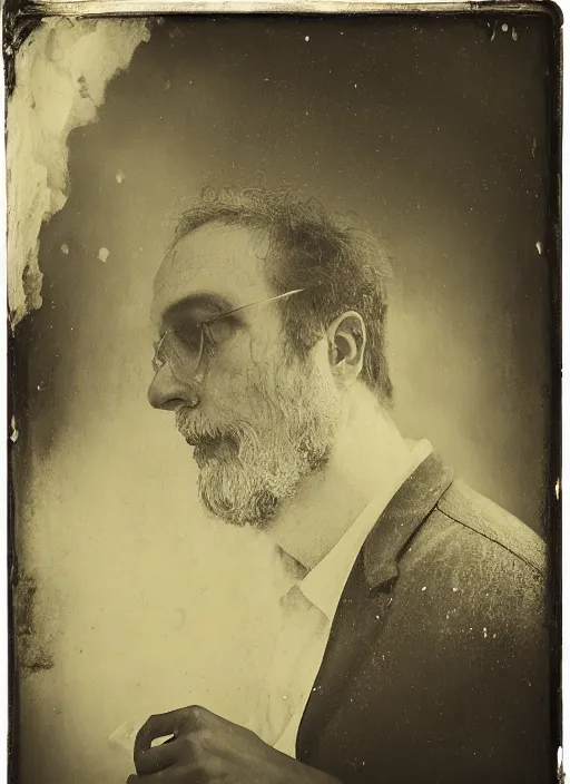 Prompt: old wetplate daguerreotype archetype portrait of a architect dreaming about his creations, explosion of data fragments, fractal, intricate, elegant, highly detailed, parallax, leica, medium format, subsurface scattering, by jheronimus bosch and greg rutkowski and louis jacques mande daguerre