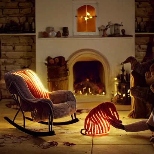 Prompt: terrifying old witch knits a sweater of worms in a rocking chair illuminated by the glow of the fireplace