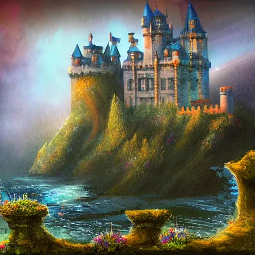 Image similar to castle, raining, celestia, eden, river, fantasy artwork, award winning, very very very very very very very beautiful scenery, artstation