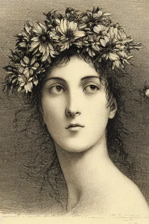 Image similar to extreme close-up, portrait of a beautiful french woman from behind with flower in the head, Gustave Dore lithography