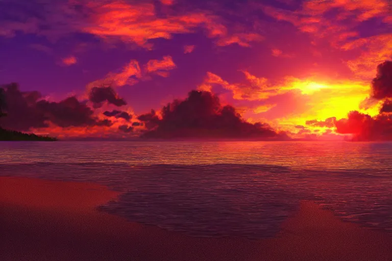 Image similar to beautiful digital painting of a fantasy tropical island beach, with large sun on the horizon, at sunset, trending on artstation, purple orange red color scheme, 4 k, atmospheric effects, cinematic lights