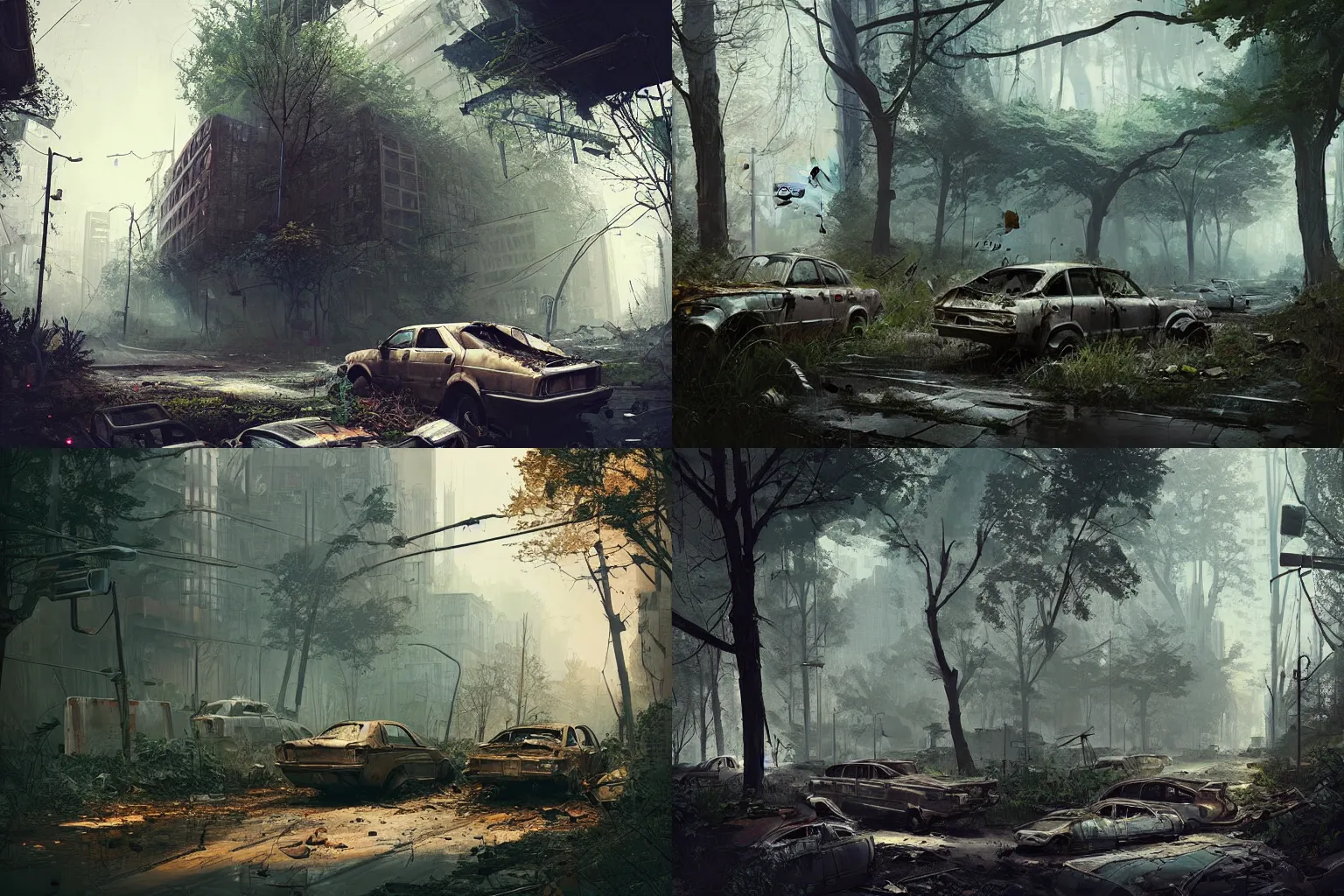 Prompt: concept art of an abandoned ruined new york street overgrown with nature by filip hodas and ismail inceoglu, hyper realistic, unreal engine, atmospheric, detailed, matte, godrays, rusty vehicles, destroyed alien technology