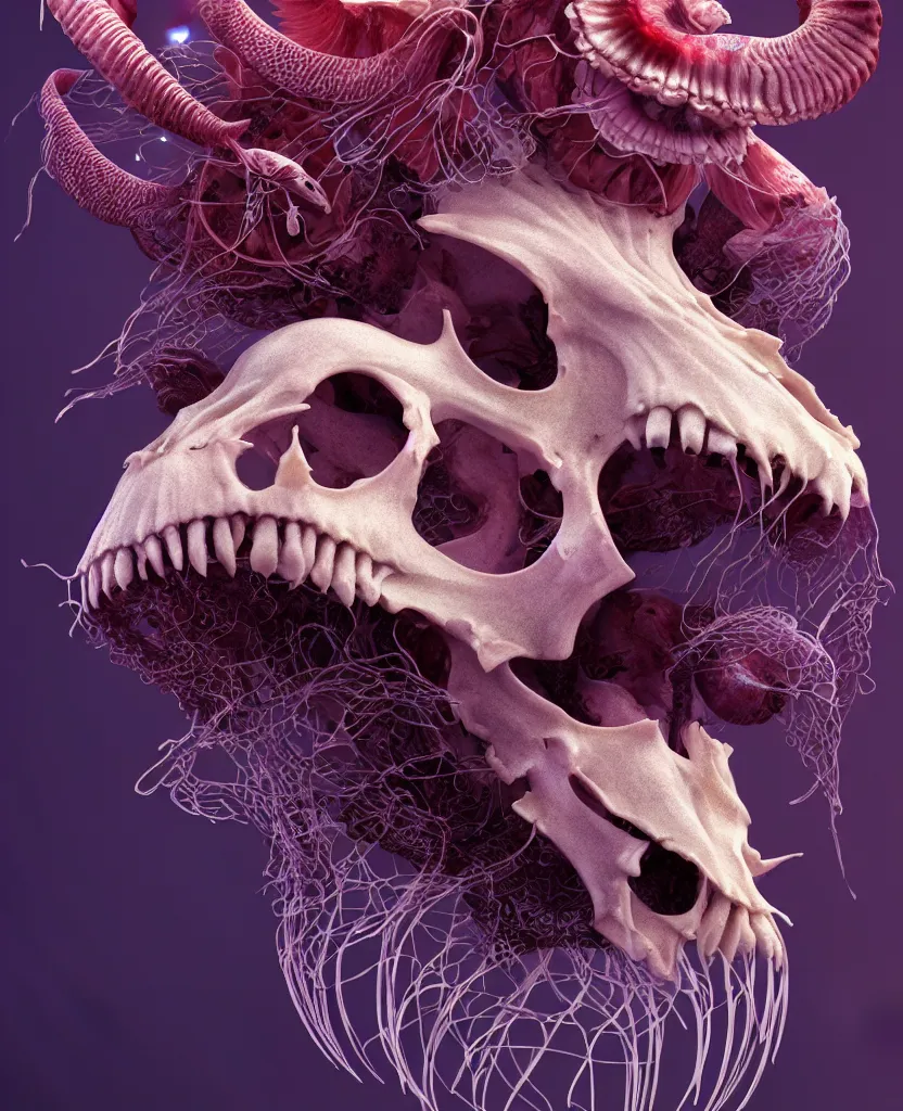 Image similar to goddess close-up portrait goat skull. jellyfish phoenix head, nautilus, orchid, skull, betta fish, bioluminiscent creatures, intricate artwork by Tooth Wu and wlop and beeple. octane render, trending on artstation, greg rutkowski very coherent symmetrical artwork. cinematic, hyper realism, high detail, octane render, 8k