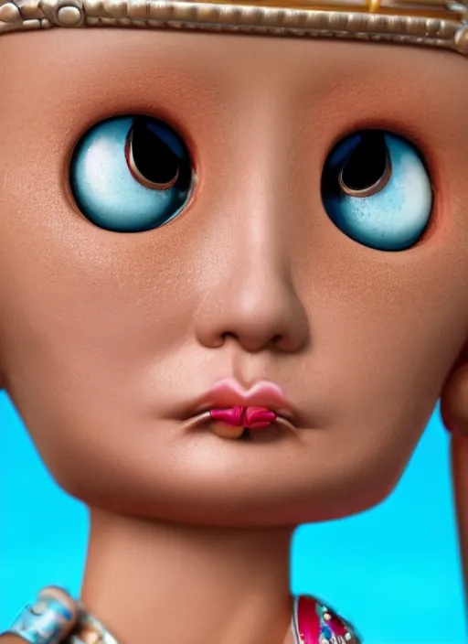Image similar to closeup profile portrait of tin toy bikini girl beach, depth of field, zeiss lens, detailed, symmetrical, centered, fashion photoshoot, by nicoletta ceccoli, mark ryden, lostfish, breathtaking, 8 k resolution, extremely detailed, beautiful, establishing shot, artistic, hyperrealistic, octane render