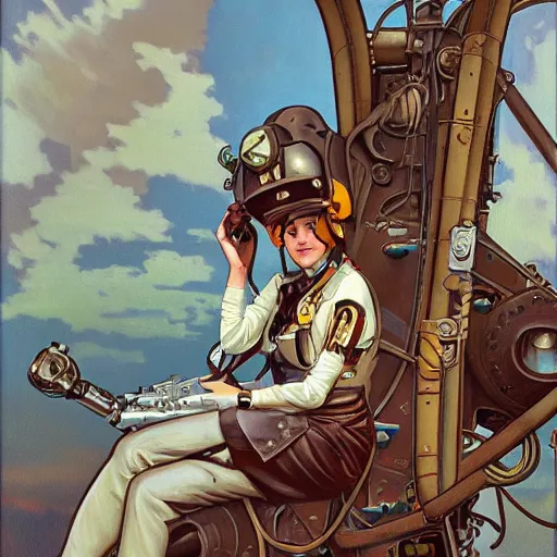 Prompt: A female airship pilot, dieselpunk, oil on canvas, in the style of Range Murata and Alphonse Mucha