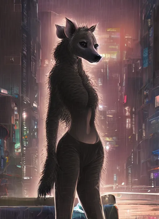 Image similar to character portrait of a female anthro hyena fursona with a cute beautiful attractive furry face and long black curly hair wearing a police flak jacket in a cyberpunk city at night while it rains. hidari, color page, tankoban, 4K, tone mapping, Akihiko Yoshida.