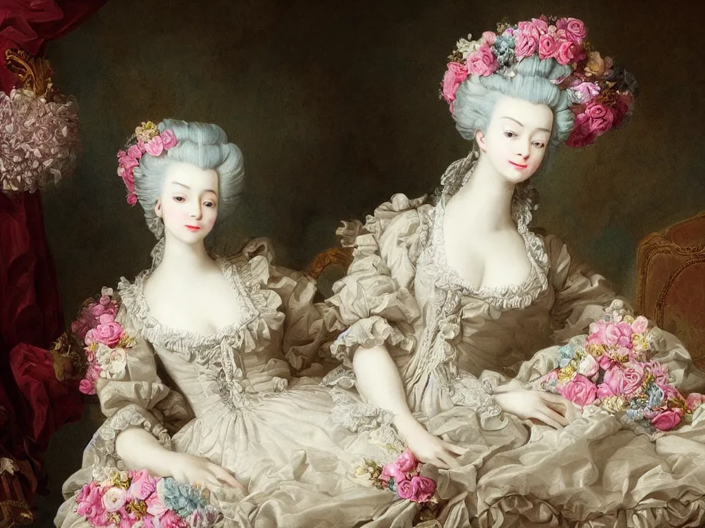 Prompt: digital art, marie antoinette beautiful young woman with baroque wig with flowers laying on couch,