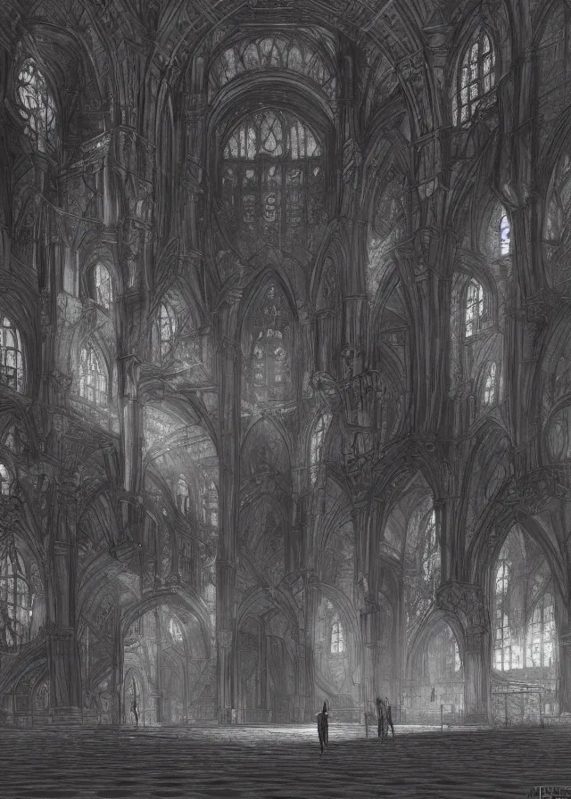 Image similar to interior of a satanic cathedral with checkered floor, pencil, concept art, detailed, 4k, artstation