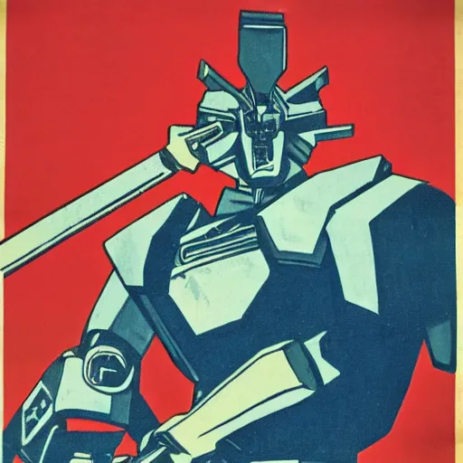 Image similar to detailed soviet propaganda poster of a gundam holding a pickaxe