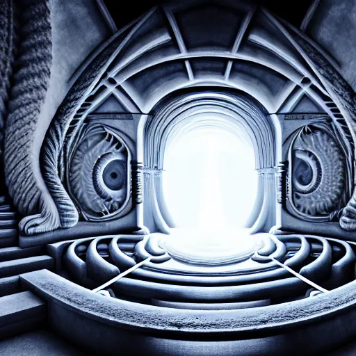 Image similar to open portal to another dimension, with white turbulent image of different time space, ethereal, sci fi, high detail, intricate, giger, photo realistic, 8 k