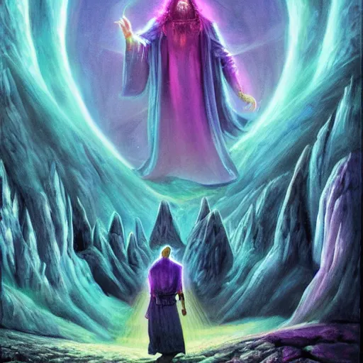 Prompt: Wizard Stepping Through the Glowing Purple Portal to the Holy Mountain Temple, Epic Fantasy Painting, Noita