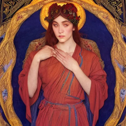 Image similar to princess of the dawn mountains, by annie swynnerton and charlie bowater and diego rivera and nicholas roerich and jean delville and evelyn de morgan, dramatic lighting, brocade robes, elaborate floral ornament, rich colors, smooth sharp focus, extremely detailed