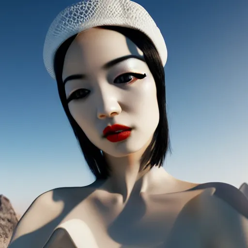 Image similar to innovative avant-garde art, deco fashion, japanese women, white theme, highly detailed, photorealistic portrait, serene desert setting, golden hour, crisp quality and light reflections, unreal engine 5 quality render