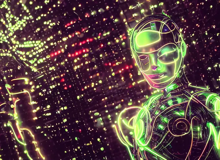 Image similar to a 3 5 mm photo of a cybernetic woman with led lights and neon with chrome details, splash art, movie still, bokeh, canon 5 0 mm, cinematic lighting, dramatic, afrofuturism, film, photography, golden hour, depth of field, award - winning, anamorphic lens flare, 8 k, hyper detailed, 3 5 mm film grain