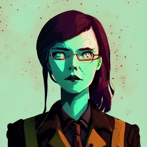 Image similar to Highly detailed portrait of a punk zombie young lady by Atey Ghailan, by Loish, by Bryan Lee O'Malley, by Cliff Chiang, inspired by iZombie, inspired by graphic novel cover art !!!green, brown, black and purple color scheme ((dark blue moody background))