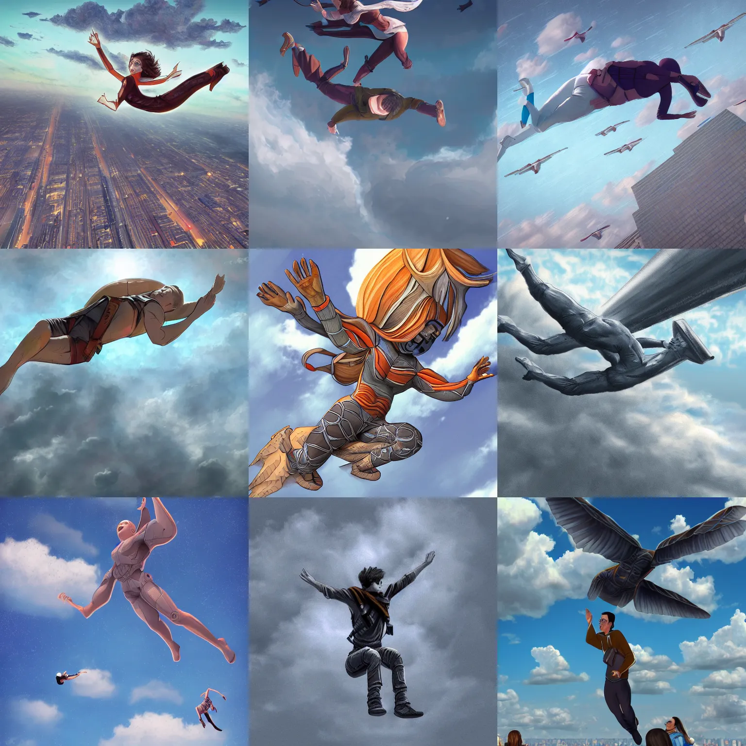 Prompt: human flying in the sky, detailed digital drawing, HQ, trending on ArtStation