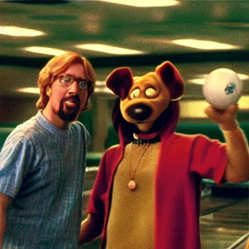 Prompt: “ scoobydoo and shaggy in the big lebowski bowling alley ”