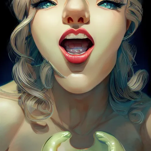 Image similar to wide open wife mouth, close - up, defiant, pin - up, rule 3 4, light effect, hyper detailed, intricate, elegant, highly detailed, digital painting, artstation, concept art, matte, sharp focus, illustration, by dan mumford, yusuke murata, makoto shinkai, ross tran