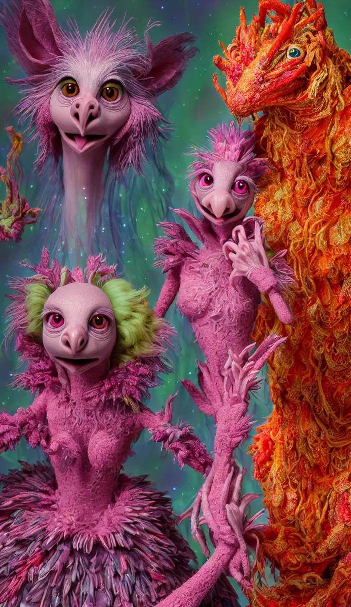 Image similar to hyper detailed 3d render like a Oil painting - kawaii portrait of two Aurora (a beautiful skeksis muppet fae princess protective playful from dark crystal that looks like Anya Taylor-Joy) seen red carpet photoshoot in UVIVF posing in scaly dress to Eat of the Strangling network of yellowcake aerochrome and milky Fruit and His delicate Hands hold of gossamer polyp blossoms bring iridescent fungal flowers whose spores black the foolish stars by Jacek Yerka, Ilya Kuvshinov, Mariusz Lewandowski, Houdini algorithmic generative render, Abstract brush strokes, Masterpiece, Edward Hopper and James Gilleard, Zdzislaw Beksinski, Mark Ryden, Wolfgang Lettl, hints of Yayoi Kasuma and Dr. Seuss, octane render, 8k