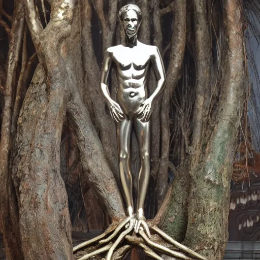 Image similar to a human man statue stuck in a cosmic tree, a sense of awe, amazement, monogon, plasma display, wooden, silver, mercury, damascus, armature wire, multiscopy, morph, in a symbolic and meaningful style, insanely detailed and intricate, hypermaximalist, elegant, ornate, hyper realistic, super detailed,