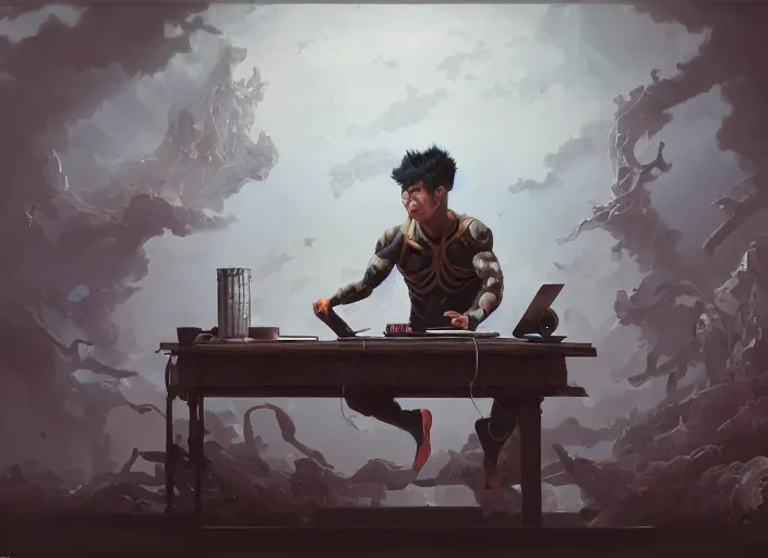 Image similar to an insanely detailed painting of an asian man wearing a homemade superhero costume, sitting at a desk, staring seriously at the computer and typing, in the style of peter mohrbacher, james jean, ruan jia, dramatic lighting and composition, surreal background, octane render, pixar, trending on artstation, concept art, comic book, view from behind, 8 k