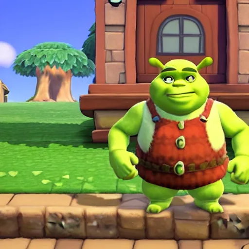 Prompt: a screenshot of shrek in animal crossing new leaf. 3 d rendering. unreal engine. amazing likeness. very detailed. cartoon caricature