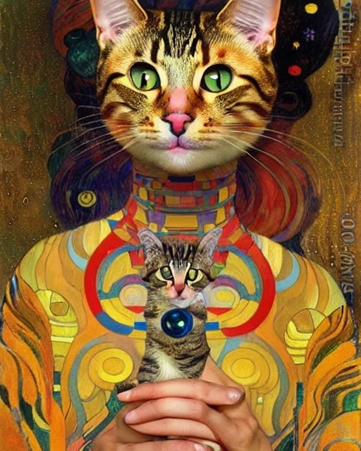 Image similar to cat portrait an oil painting splashes with many colors and shapes by gustav klimt greg rutkowski and alphonse mucha, polycount, generative art, psychedelic, fractalism, glitch art