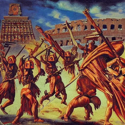 Image similar to aztecs destroy rome, epic painting