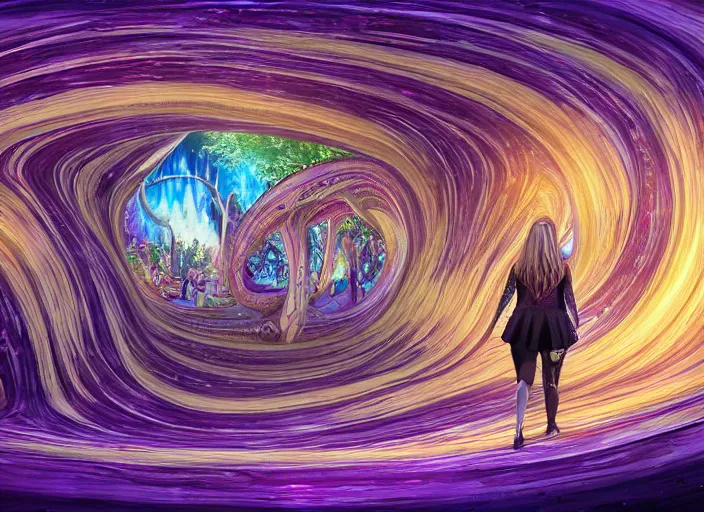 Image similar to vfx surreal 3 d portrait of alice from wonderland walking into a non - euclidean and infinite tunnel of evanescent hallucinatory images in endless mirrors that temporarily cling to a virtual node of experience called the self in an illusion called spacetime, hyperdetailed, octane render, by alex grey, jeff soto and daniel merriam, dan mumford and pixar, nvidia raytracing demo