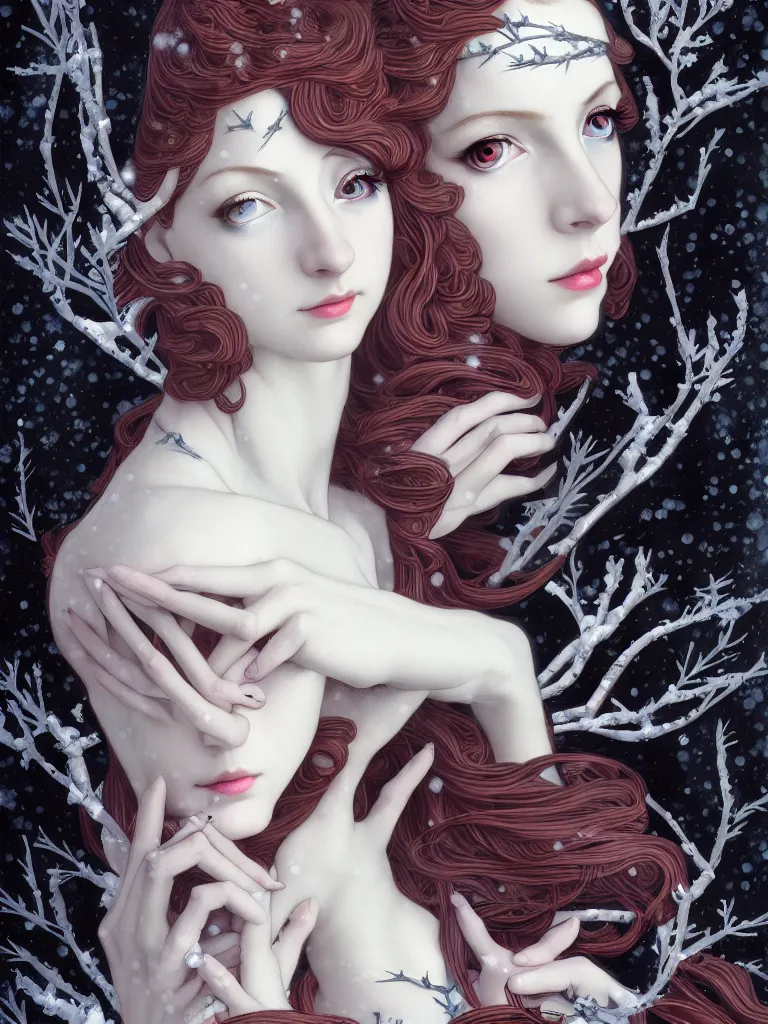 Prompt: personification of winter as a triad of muses, somber, mournful, style mix of æon flux, shepard fairey, botticelli, john singer sargent, pre - raphaelite, shoujo manga, branches, snow, ice, dark muted colors, superfine ink detail, ethereal, 4 k photorealistic, arnold render