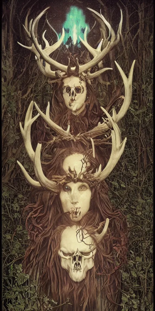 Image similar to intense bioluminescent black metal pagan god with antlers and fangs and intense glowing eyes with a bull skull in very dark forest by mark ryden and alphonse mucha, portrait, fantasy, clear, light beams, lens flare, intense, uhd, amazing depth, cinematic lighting