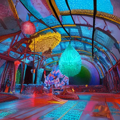 Image similar to underground cinema, realistic architecture, colorfull lights, octane render, 4k, 8k, fractals, psychedelic