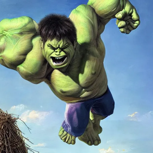 Image similar to a baby hulk leaving the nest to fly for the first time, oil on canvas, portrait, intricate, 8k highly professionally detailed, HDR, CGsociety