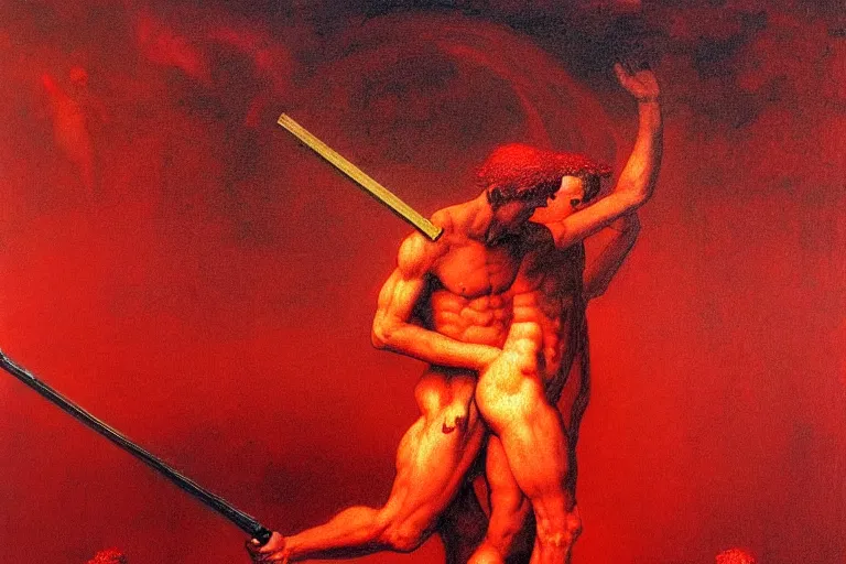 Image similar to only with red, a red melted apollo with a laurel wreath and a flaming sword announce the win, atene in the background, in the style of beksinski, part by hopper, part by rodcenko, part by hofbauer, intricate composition, red by caravaggio, insanely quality, highly detailed, masterpiece, red light, artstation