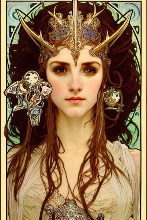 Image similar to head and shoulders portrait of an eldritch knight, elf, beautiful, female, breastplate, magical, high fantasy, d & d, by alphonse mucha, face details, extremely detailed, vogue fashion photo