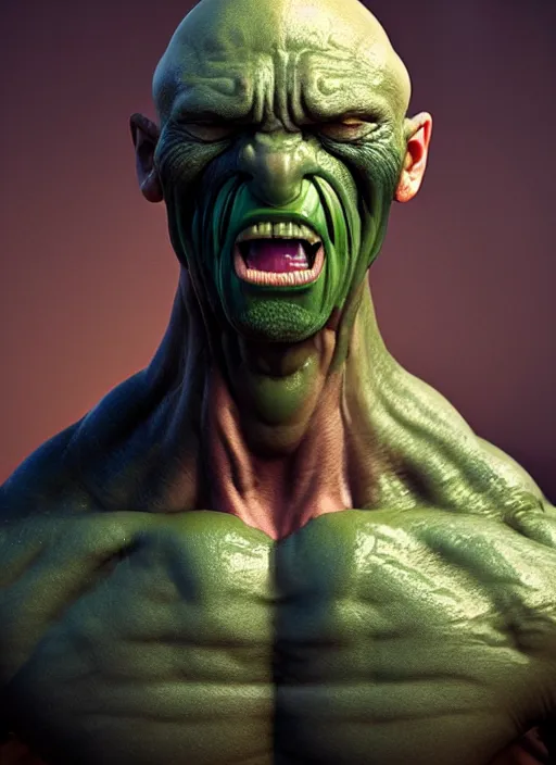 Prompt: muscular creature with muted green skin, bald, no nose, large eyes, mouth is closed, surprised expression, hyper detailed, digital art, trending in artstation, cinematic lighting, studio quality, smooth render, unreal engine 5 rendered, octane rendered, art style by klimt and nixeu and ian sprigger and wlop and krenz cushart.