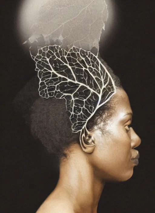 Image similar to a beautiful black woman's face in profile made of leaf skeleton, white hair, in the style of the dutch masters, gregory crewdson and rutkowski, dark and moody, matte, 8 k, hyper detailed, hyper realistic, intricate detail, surreal